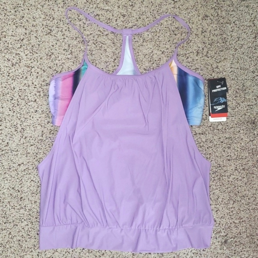 Speedo Women's Swimsuit Tankini Blouson Swim Top Purple Multi-Color